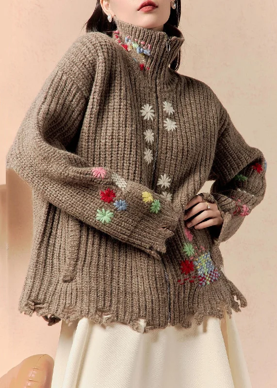 Vintage Coffee Zip Up Hole Pockets Cotton Knit Coats Winter Zip Front Button Front Snap Front Vintage Coffee Zip Up Hole Pockets Cotton Knit Coats Winter Zip Front Button Front Snap Front