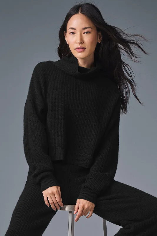 Cashmere Plush Waffle Turtleneck Pullover - Black Boat Neck Sweater