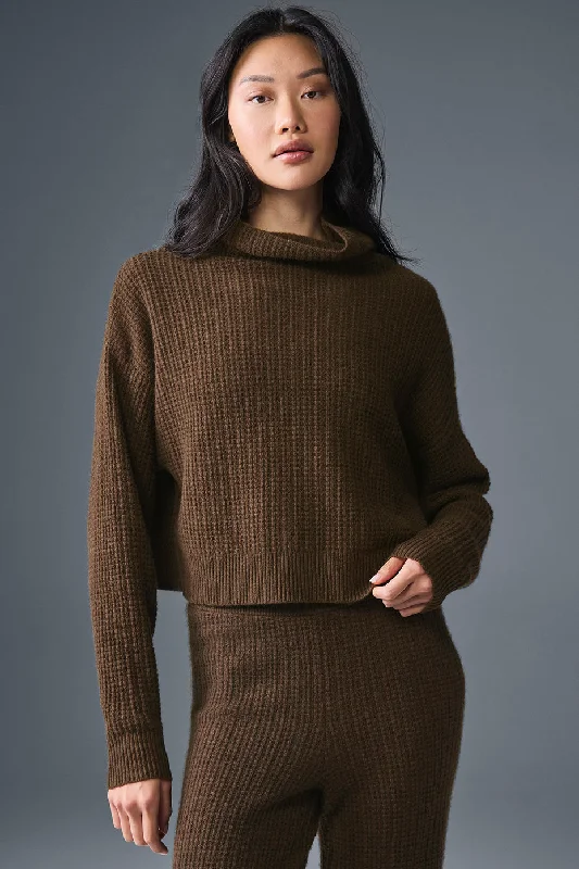 Cashmere Plush Waffle Turtleneck Pullover - Espresso Oversized Cozy Pullover