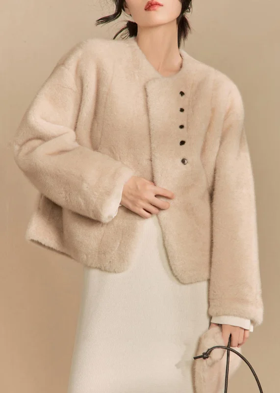 Women Apricot O-Neck Button Solid Fluffy Coats Winter Knit Woven Fleece