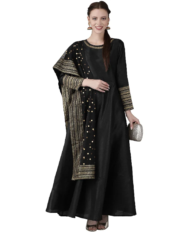 Black Solid Dress with Printed Dupatta Set Tunics Stylish elegant