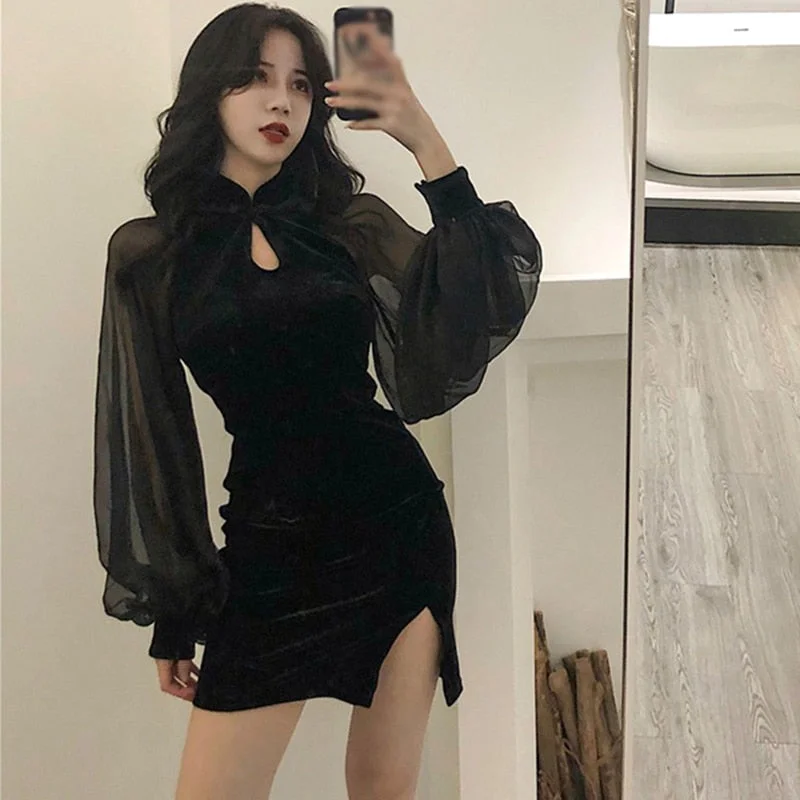Women's Cheongsam Qipao Dress Velvet Side Split Lantern Sleeve Slim Fit Long Sleeves Dress Mandarin Collar Mini Dress sweetheart Neckline Romantic Women's Cheongsam Qipao Dress Velvet Side Split Lantern Sleeve Slim Fit Long Sleeves Dress Mandarin Collar Mini Dress sweetheart Neckline Romantic
