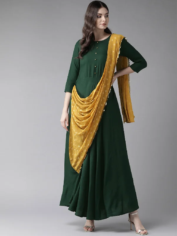 Green & Mustard Yellow Solid Maxi Dress With Attached Dupatta Tunics Luxurious high-end Green & Mustard Yellow Solid Maxi Dress With Attached Dupatta Tunics Luxurious high-end