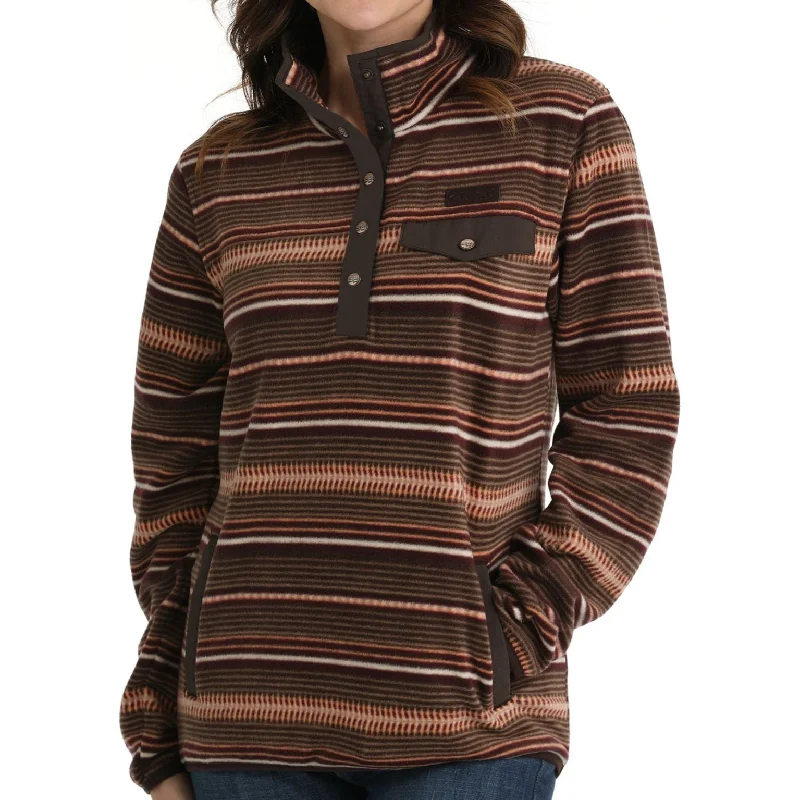 WOMEN'S FLEECE PULLOVER - BROWN/CORAL Ruffle Sleeve Feminine