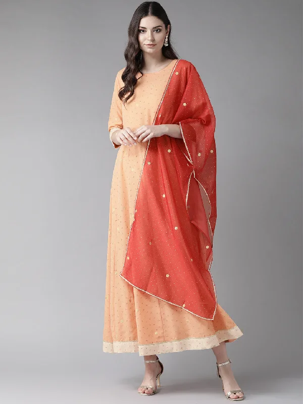 Peach & Rust Orange Printed Maxi Dress With Dupatta Elegant Long Evening