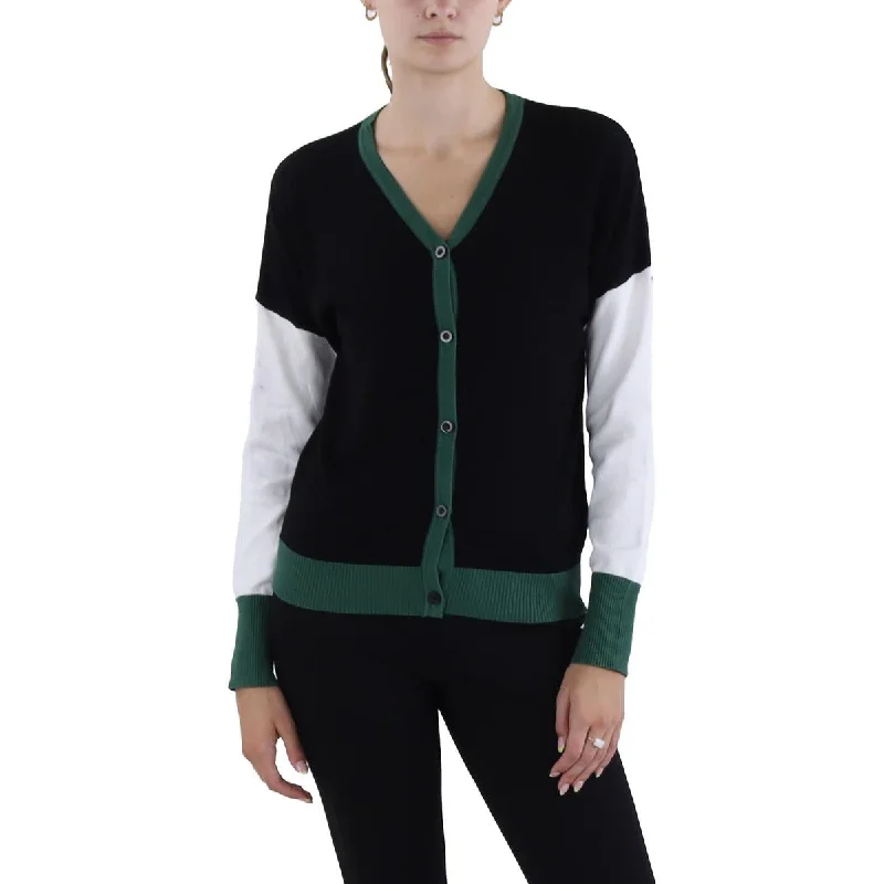 Yal Womens Contrast Trim Colorblock Cardigan Sweater Denim Fabric Leather Fabric Suede Fabric Yal Womens Contrast Trim Colorblock Cardigan Sweater Denim Fabric Leather Fabric Suede Fabric