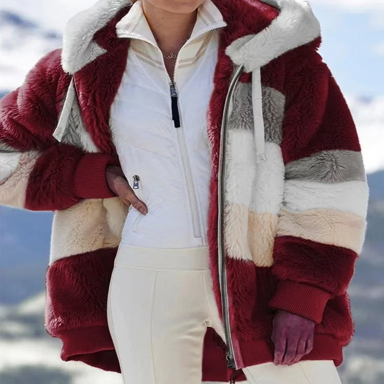 Casual Winter Contrast Color Faux Fur Coats Trench Raincoat Windbreaker
