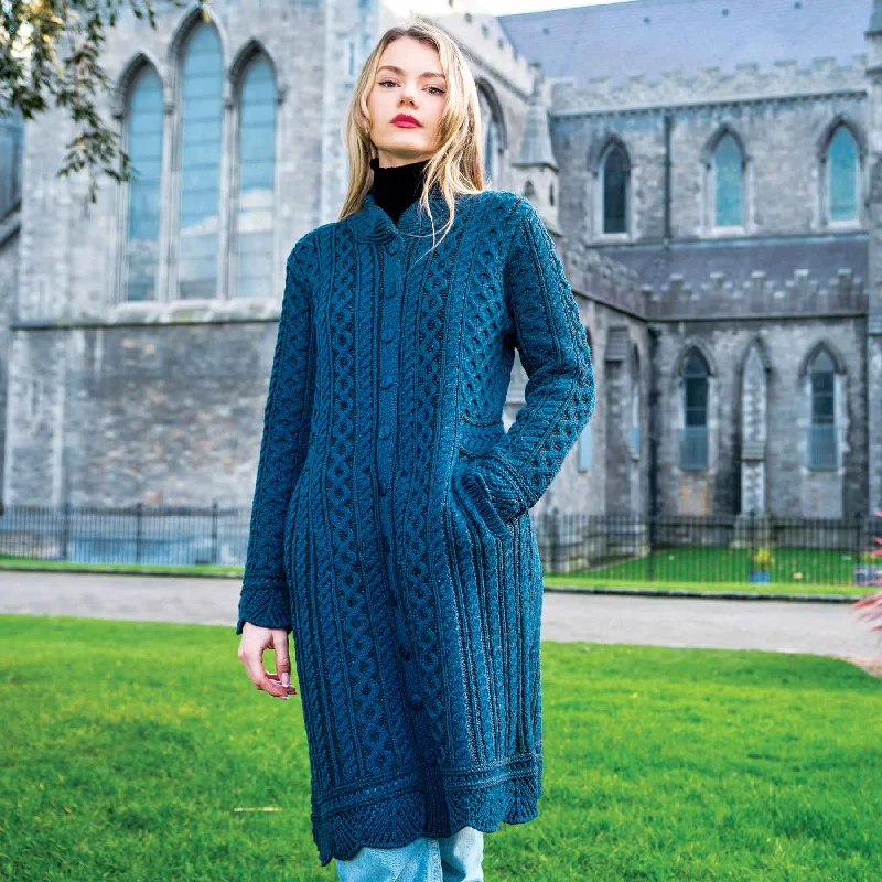 Leitrim Aran Knit Long Button Coat Cardigan - 100% Merino Wool Satin Blend Silk Blend Wool Blend Leitrim Aran Knit Long Button Coat Cardigan - 100% Merino Wool Satin Blend Silk Blend Wool Blend