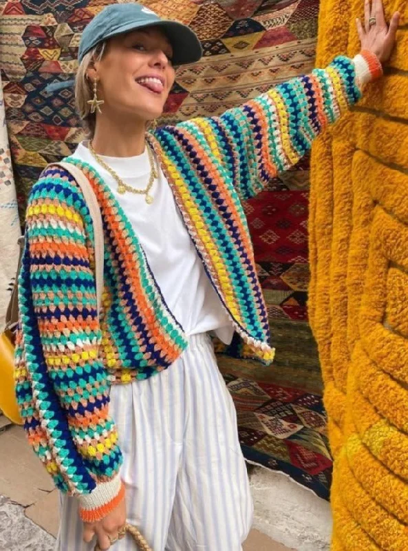 Colorful Crochet Stripped Cardigans Sweater Knitted Long Sleeve Knitwear Pullovenr Spandex Blend Rayon Blend Denim Blend Colorful Crochet Stripped Cardigans Sweater Knitted Long Sleeve Knitwear Pullovenr Spandex Blend Rayon Blend Denim Blend