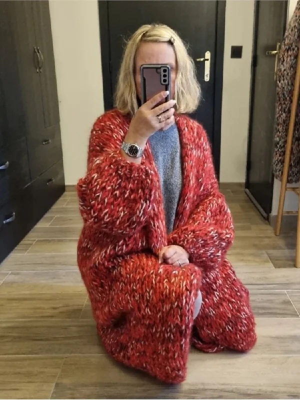 Womens Mohair Sweater Red Mélange Knitted O-neck Long Cardigans Women Sequined Glittery Shiny Womens Mohair Sweater Red Mélange Knitted O-neck Long Cardigans Women Sequined Glittery Shiny