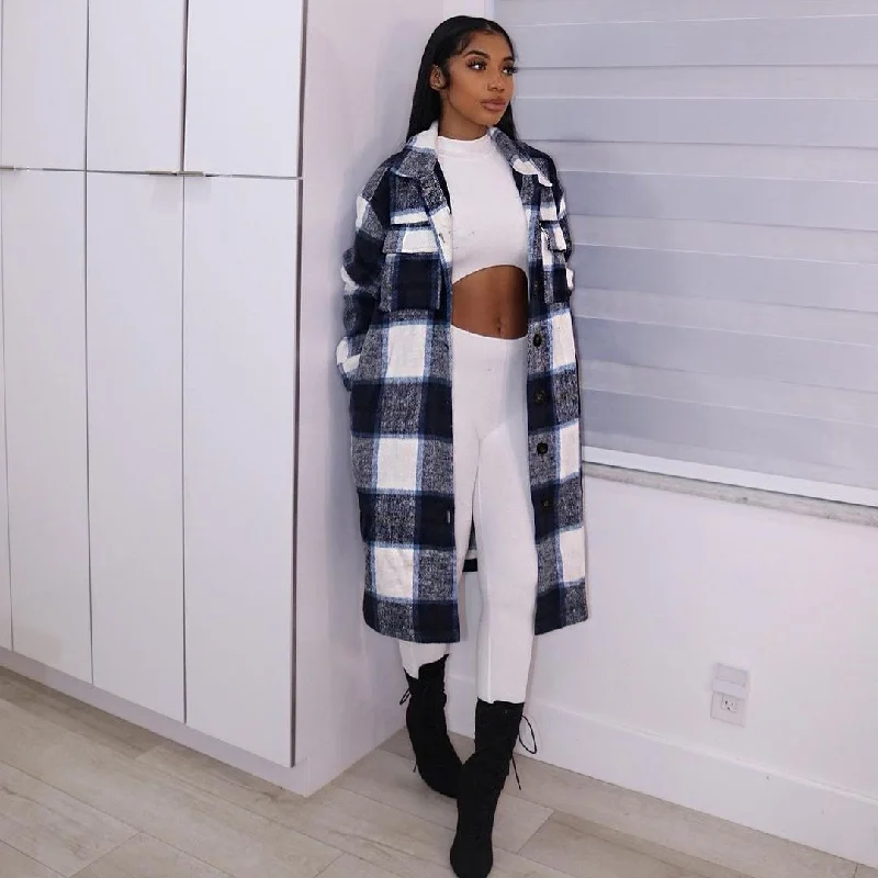 Elegant Checkered Coat Cuffed Rolled Raglan