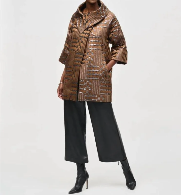 Geometric Print Metallic Coat In Brown/Grey Trapeze Tunic Caftan