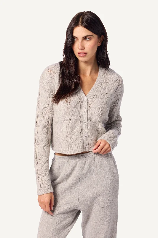 JOLIE V-NECK CROPPED CABLE CASHMERE CARDIGAN | FOGGY Denim Fabric Leather Fabric Suede Fabric JOLIE V-NECK CROPPED CABLE CASHMERE CARDIGAN | FOGGY Denim Fabric Leather Fabric Suede Fabric