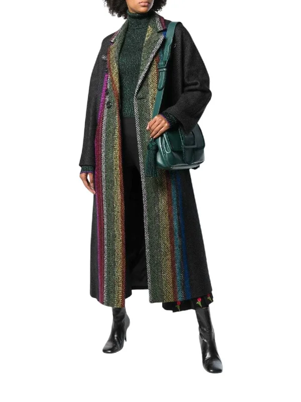 Runway Wool Blend Striped Long Coat In Multicolor empire Basque Peplum