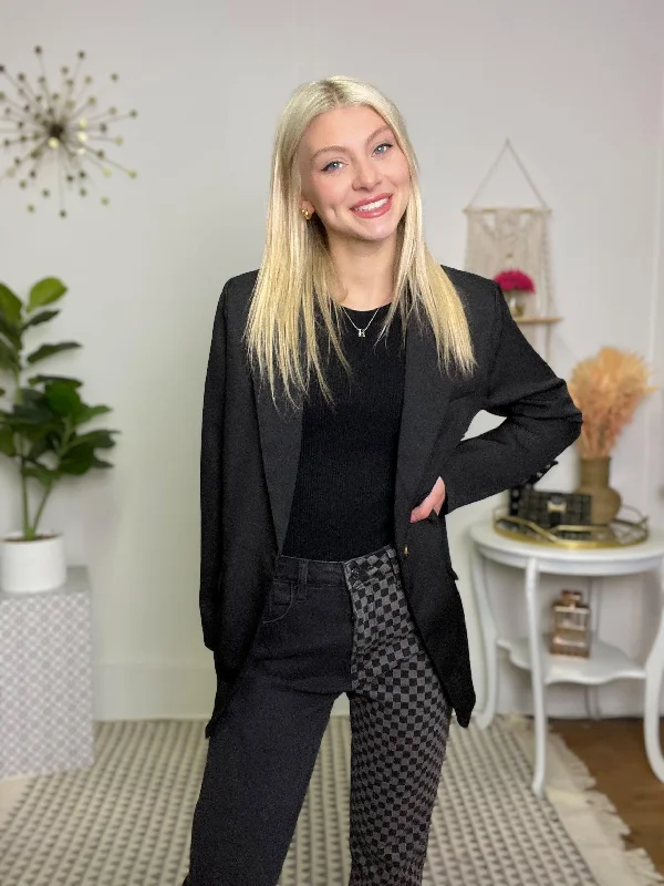 Solid Black Button-Closure Long-Sleeve Blazer High-End Women's Suit