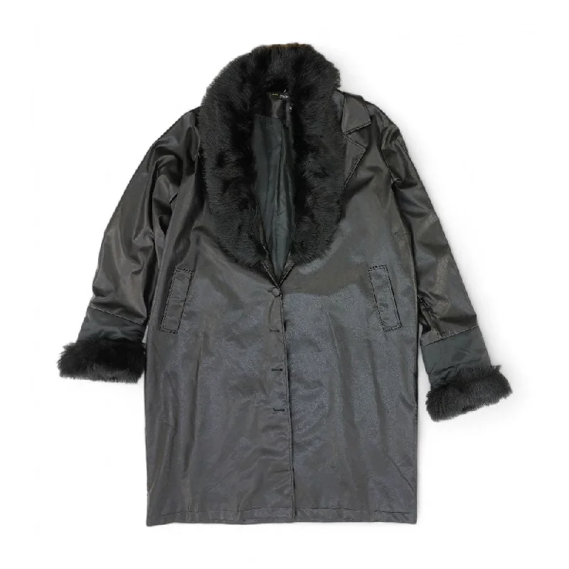 Black Solid Faux Leather Coat Trench Wool Cashmere
