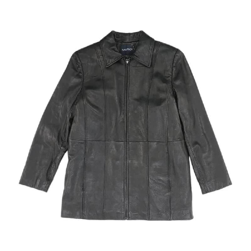 Black Solid Leather Coat Lapel Coat Peter Pan Collar Coat Cowl Neck Coat