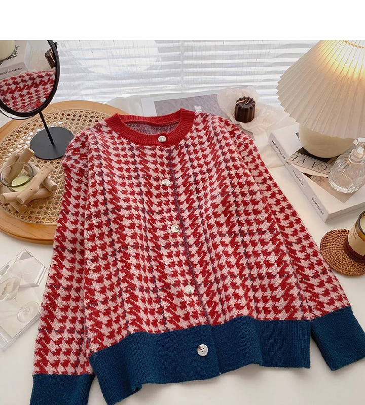 Design contrast color thousand bird check long sleeve coat  6072 Solid Print Jacquard