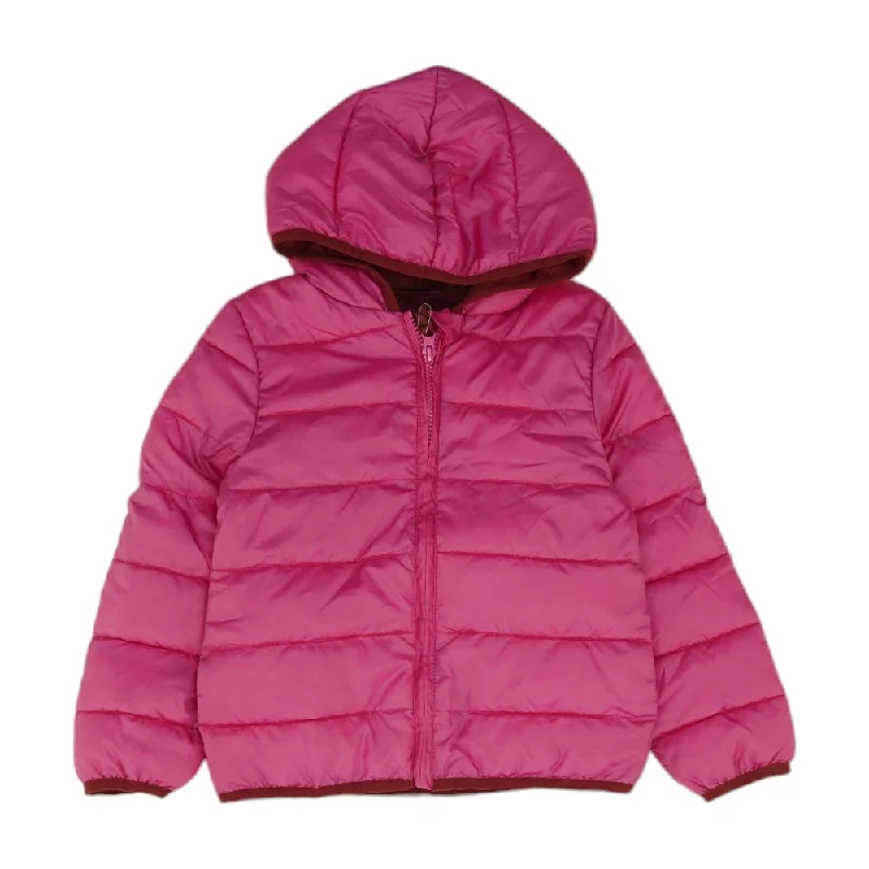 Pink Solid Puffer Coat Pockets Sleeves Lining