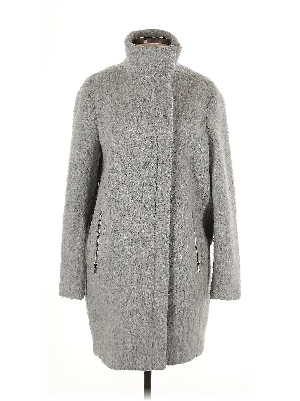 Wool Coat Asymmetrical Collar Hooded Zippered