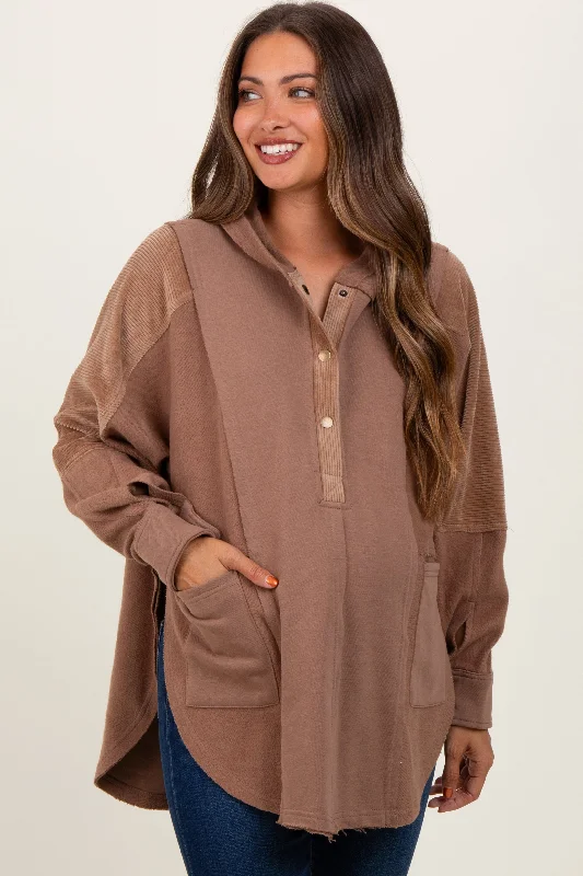 Brown French Terry Dolman Sleeve Maternity Hooded Pullover Saggy Sleeve Comfort