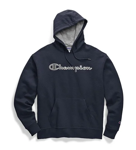Champion Men's Powerblend Fleece Pullover Hoodie Chainstitch Outline Logo Navy Hooded Pullover Sweater Champion Men's Powerblend Fleece Pullover Hoodie Chainstitch Outline Logo Navy Hooded Pullover Sweater