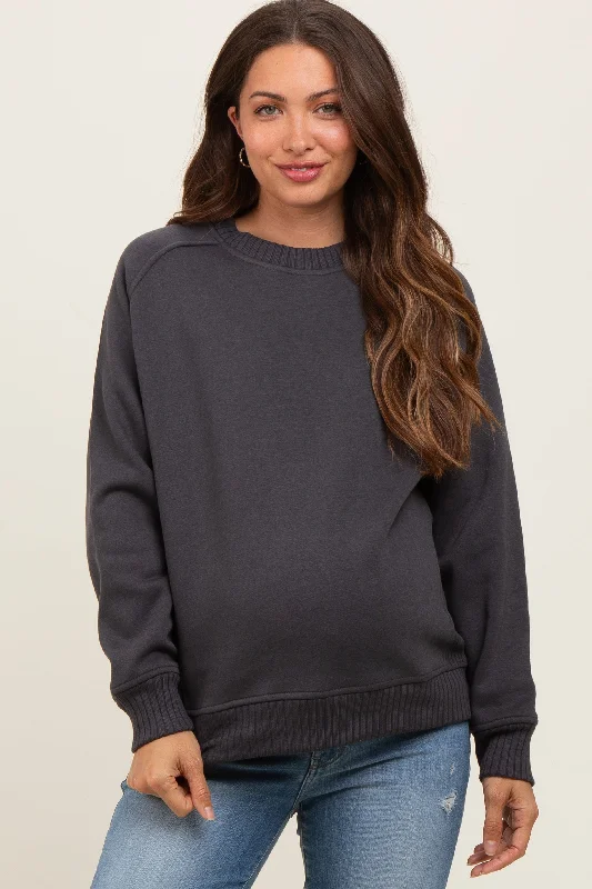 Charcoal Pullover Maternity Terry Crewneck Fitted Ribbed Sweater
