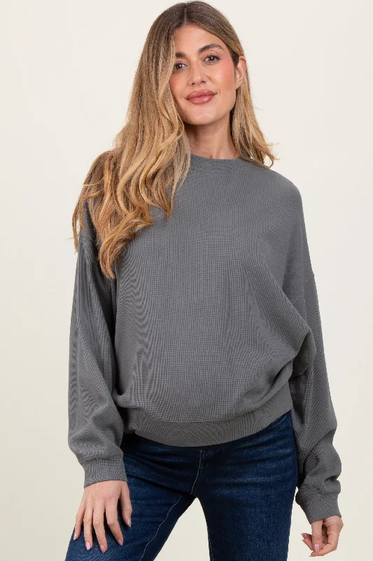 Charcoal Waffle Knit Maternity Pullover Slit Sleeve Stylish