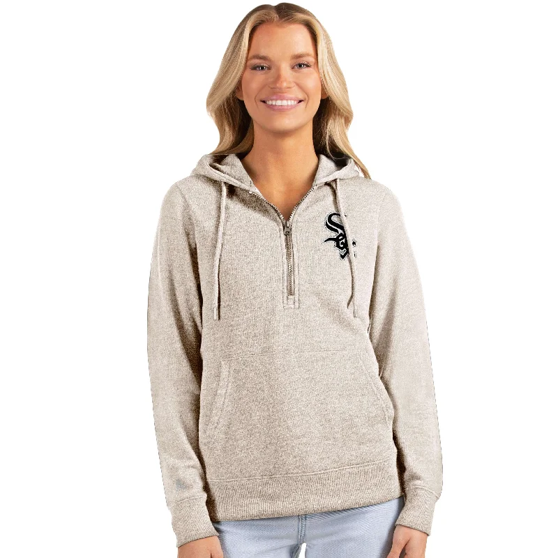 Chicago White Sox Antigua Women's Action Half-Zip Pullover Hoodie - Oatmeal Surplice Neck Pullover Chicago White Sox Antigua Women's Action Half-Zip Pullover Hoodie - Oatmeal Surplice Neck Pullover