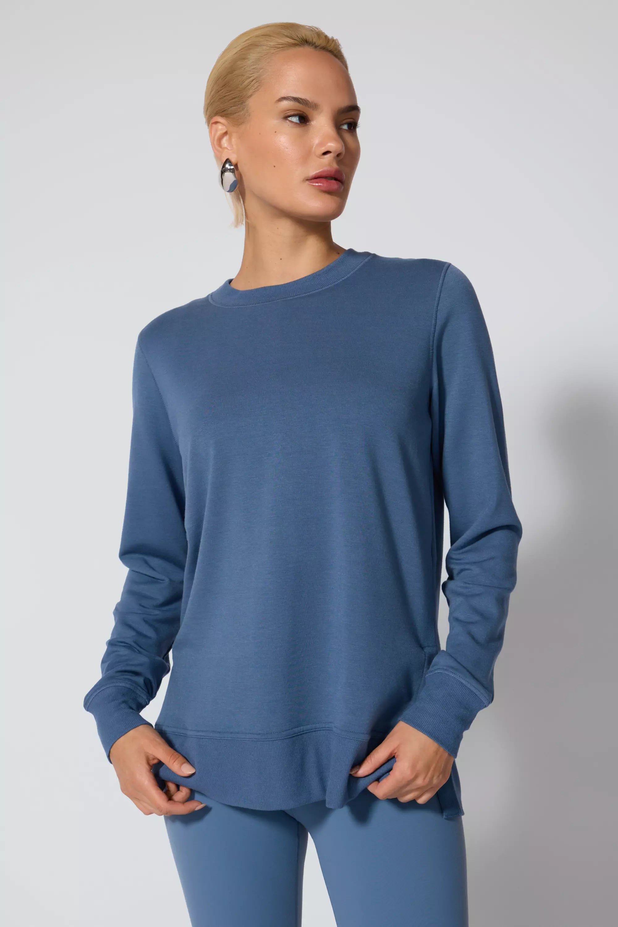Cozy Fleece Relaxed Pullover - Petrol Blue Cowl Neck Pullover