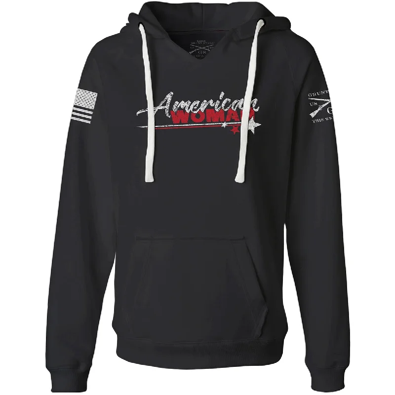 Grunt Style Women's American Woman 2.0 V-Neck Pullover Hoodie - Black Ribbed Crew Neck Grunt Style Women's American Woman 2.0 V-Neck Pullover Hoodie - Black Ribbed Crew Neck