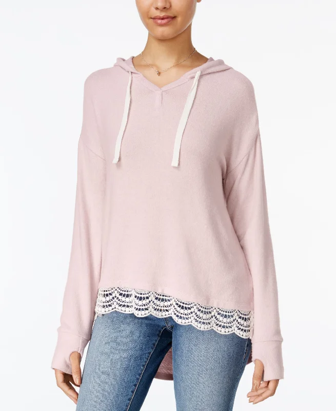 Hippie Rose Juniors Crochet Trim Pullover Hoodie Gathered Sleeve Pullover