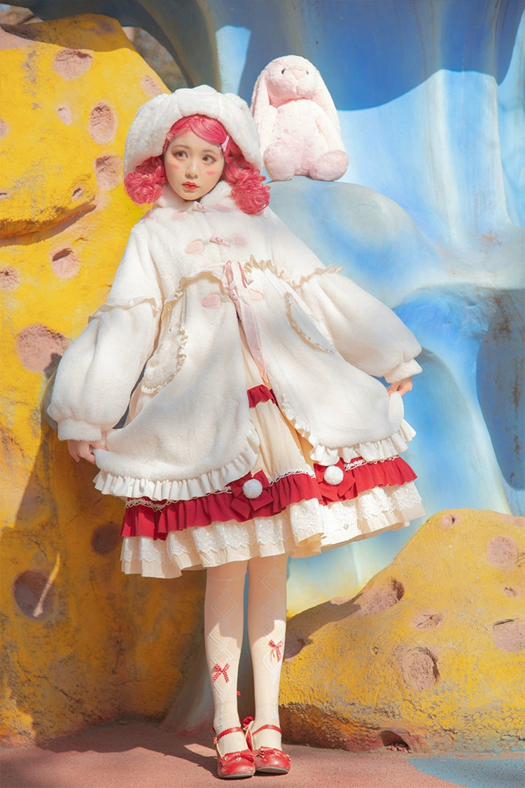 ZhiJinYuan~Long Ear Bunny~Kawaii Lolita Coat Fleece Bunny Ear Top Turtleneck Wrap Cape