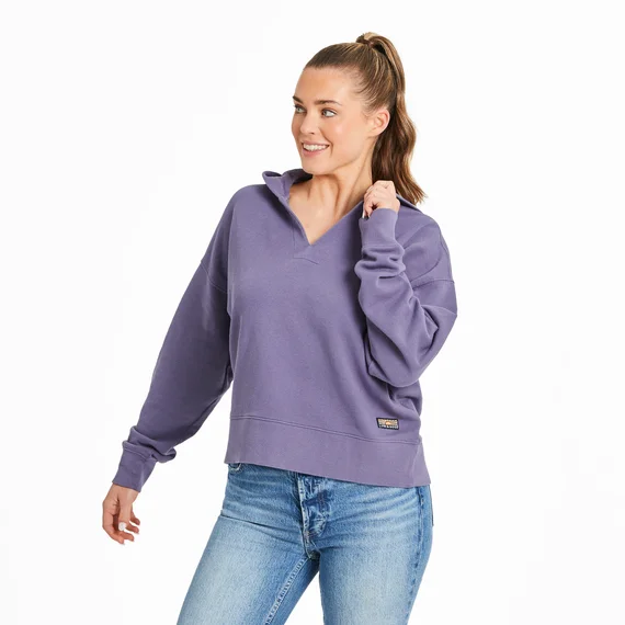 Life is Good. Women's Solid French Terry Boxy Pullover Hoodie, Dusk Purple Sarouel Sleeve Pullover
