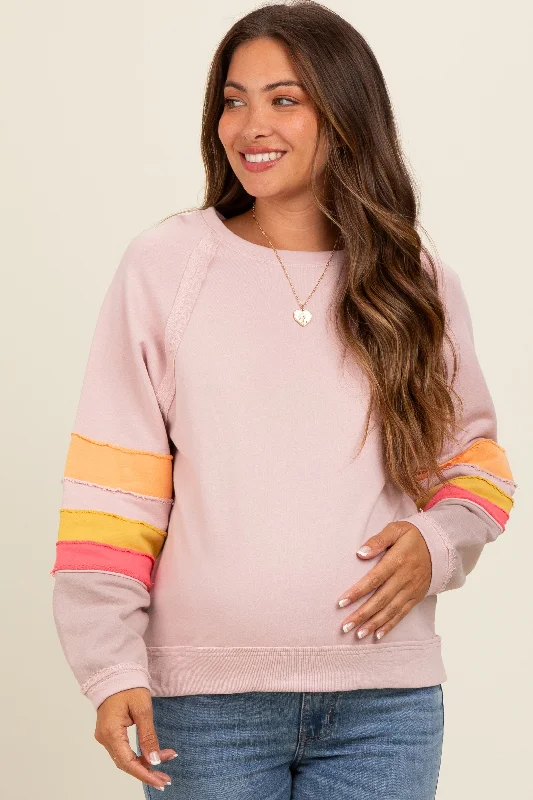 Light Pink Colorblock Sleeve Maternity Pullover Scalloped Neck Pullover