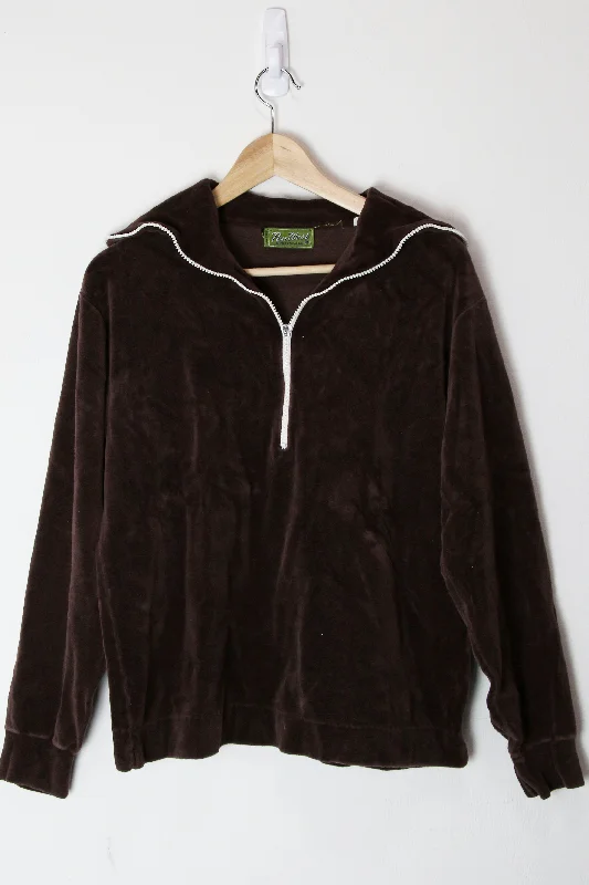 [M] 1970s Unisex Brown Velour Pullover Over Sleeve Pullover