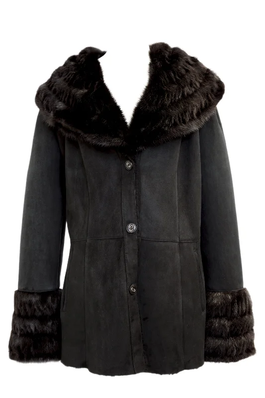 OLIVIERI Black Fur Lined Shearling Coat 6089SH US 14 IT 48 $3,334 NWT Cotton Linen Terry
