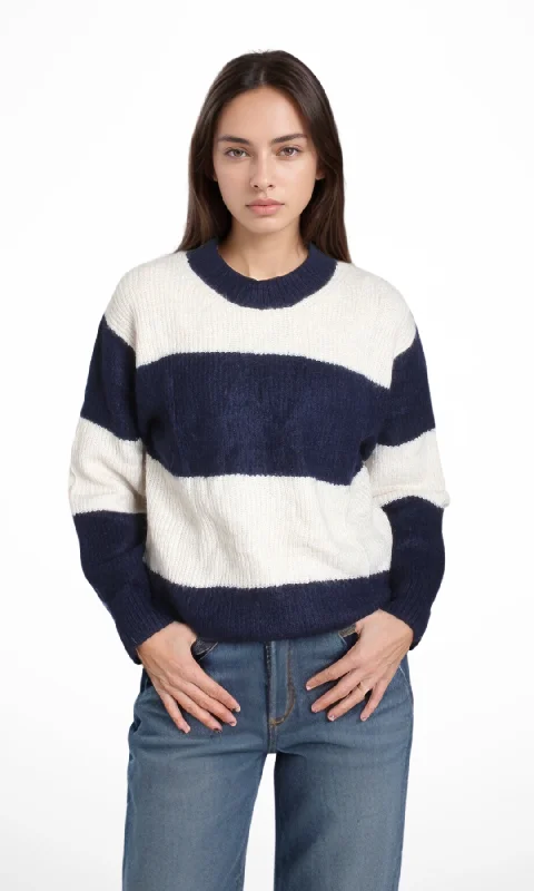 Original Women Crew Neck Striped Pullover Ruffle Sleeve Feminine