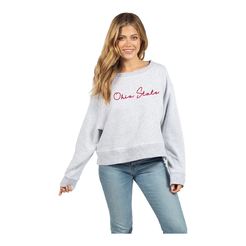 Ladies Ohio State Buckeyes Spirit Fleece Long Sleeve Crew Cropped Gray Pullover Bishop Sleeve Elegant