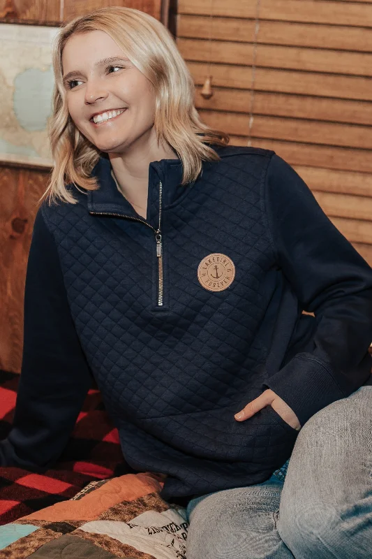 Quilted Fleece 1/4 Zip Pullover Ruffled Neck Pullover