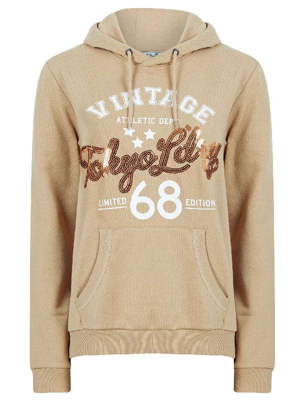 Sparked Sequin Motif Brushback Fleece Pullover Hoodie in Beige - Tokyo Laundry Puff Sleeve Stylish