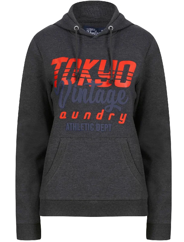 Sporty Motif Brushback Fleece Pullover Hoodie in Charcoal Marl - Tokyo Laundry Seamless Knit Pullover