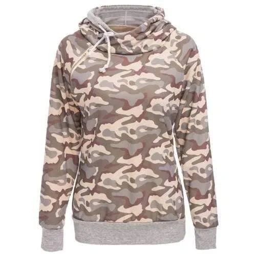 Stylish Hooded Long Sleeve Camo Print Women's Pullover Hoodie - Gray S Notched Neck Pullover