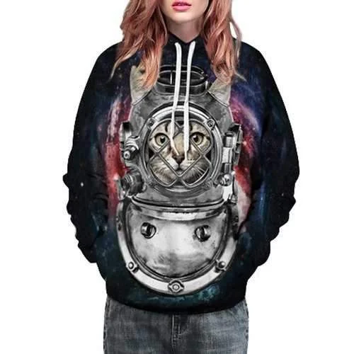 Stylish Hooded Long Sleeve 3D Cat Print Loose-Fitting Women's Pullover Hoodie - Black M Peter Pan Collar