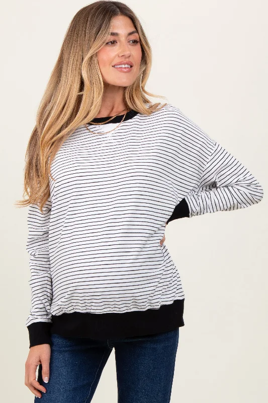 White Striped Oversized Crewneck Maternity Pullover Wide Sleeve Pullover