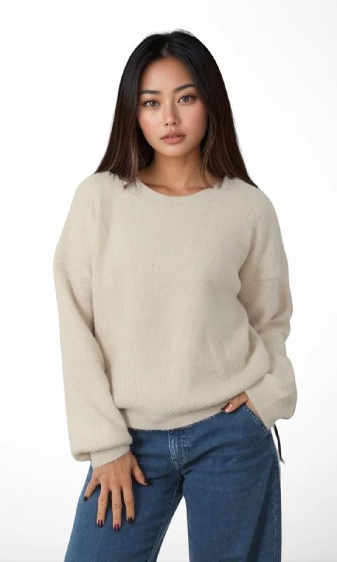 Women Mohair Knit Pullover (Beige) High Neck Pullover