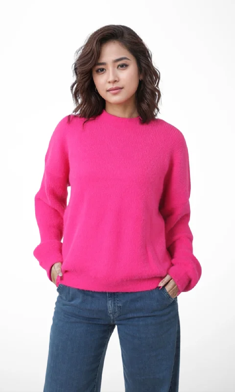 Women Mohair Knit Pullover (Fuchsia) Chunky Knit Pullover