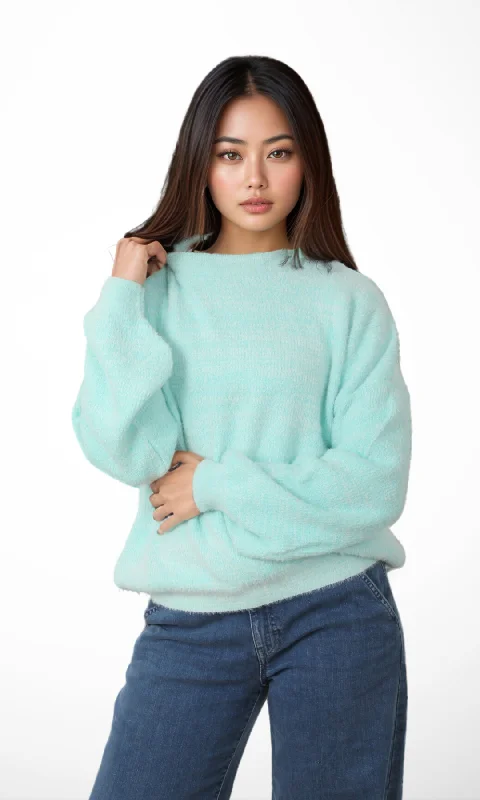 Women Mohair Knit Pullover (White&Green) Surplice Neck Pullover