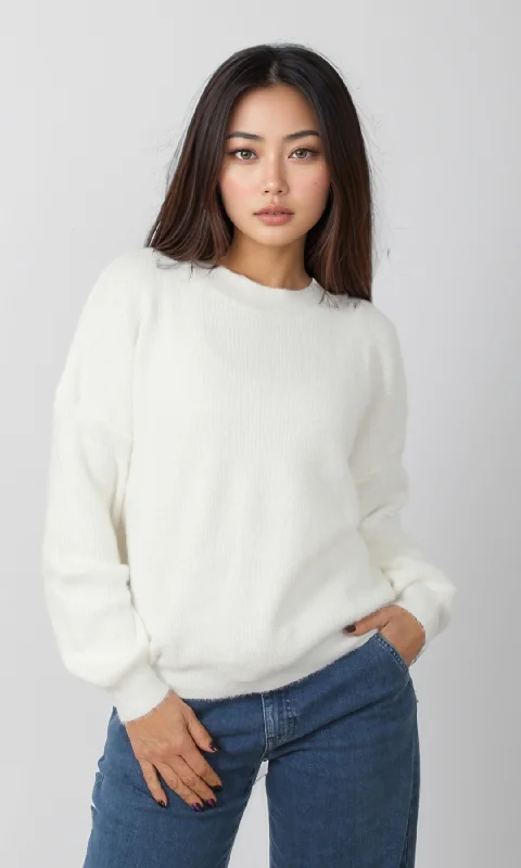Women Mohair Knit Pullover (White) Textured Knit Design