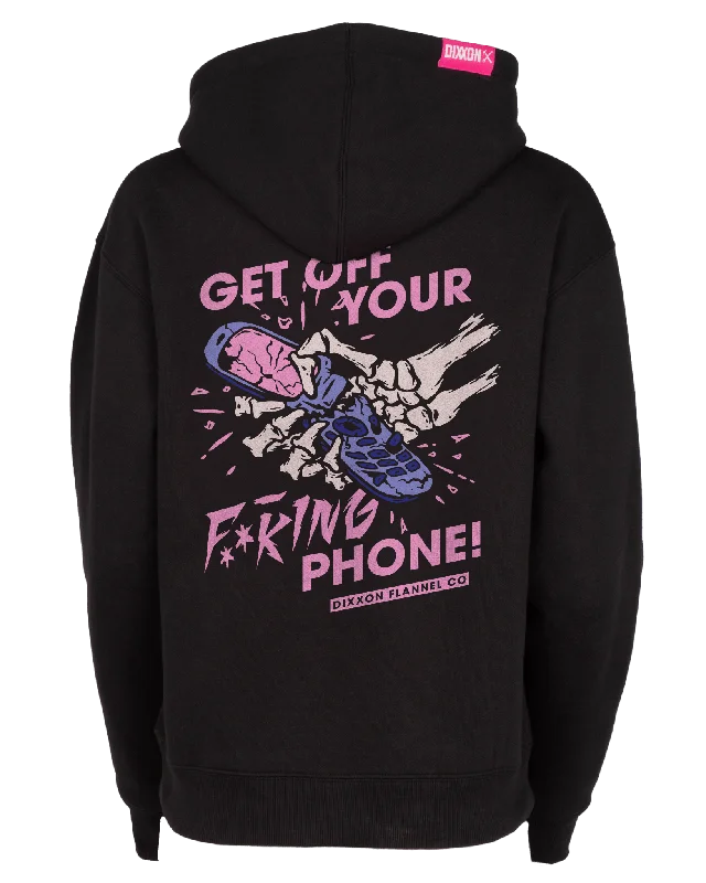 Women's Get Off Your Phone Pullover Hoodie - Black Zipper Front Cardigan